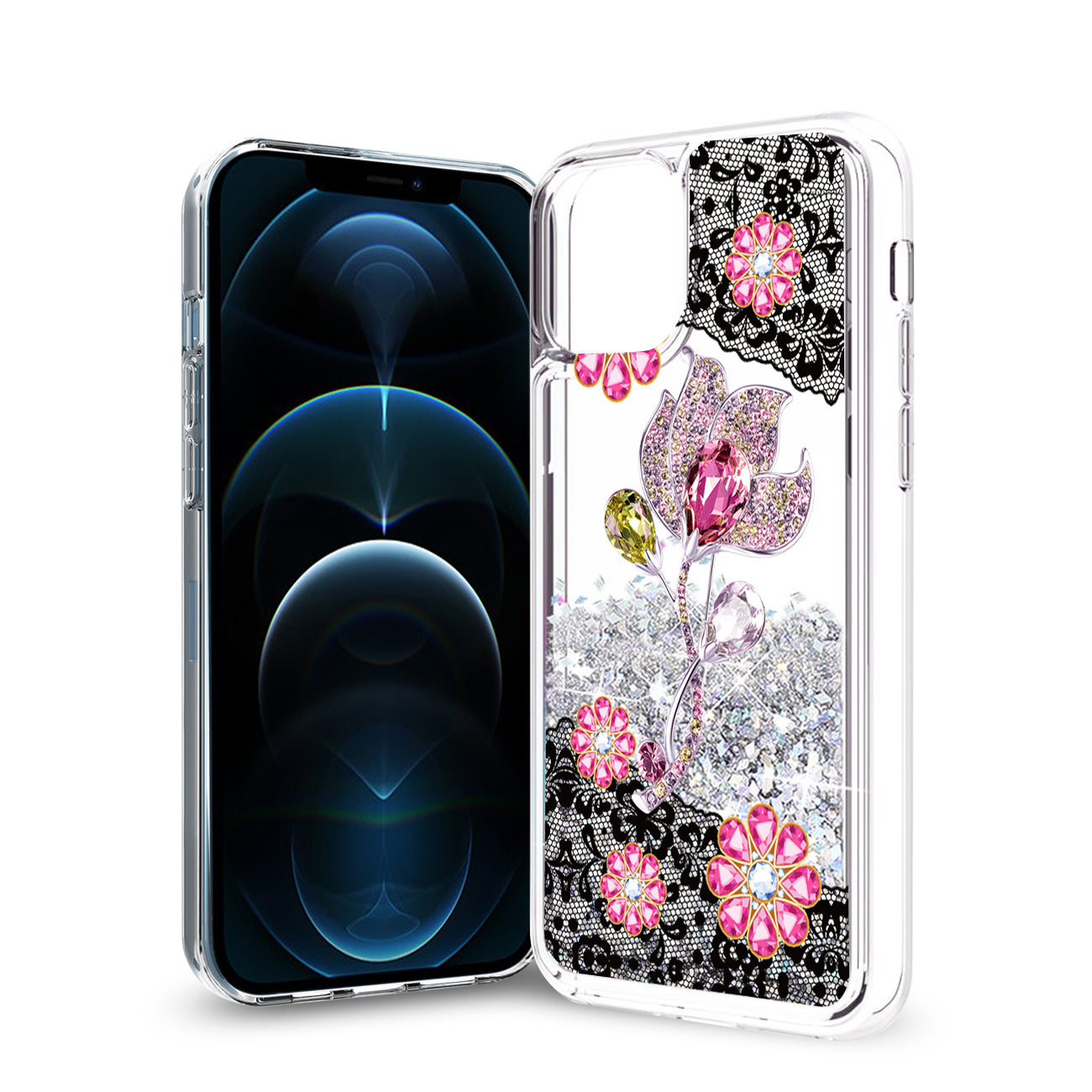 Reiko iPhone 12 / 12 Pro Glitter Case Moving Quicksand Silver Floral